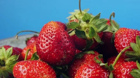 Berries of ripe strawberries with green branches on a blue background rotat.. Vidéo 300891153