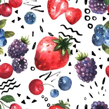 Berries seamless pattern in watercolor with black graphics. Stock Illustration