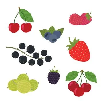 Berries Set Vector Illustration. Strawberry, Blackberry, Blueberry, Cherry Stock Illustration