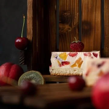 Berry and fruit assorted mix. Strawberry at piece of cake on wooden background Stock Photos