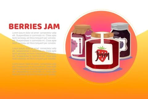 Berry and fruit Jam with rustic jar of raspberry jelly with paper cover and Stock Illustration