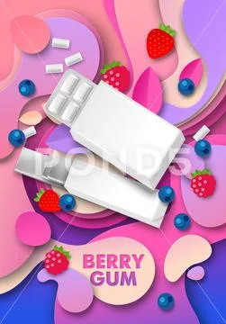 Berry chewing gum ads, vector illustration. Pad and slab bubble gum ...