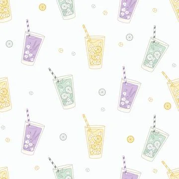 Berry Drink Seamless Pattern. Refreshing Summer Cocktails with Lemon, Laven.. Stock Illustration