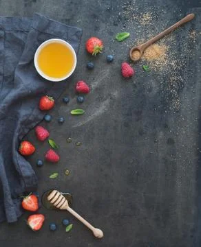 Berry frame with copy space on right. Strawberries, raspberries, blueberries  Stock Photos