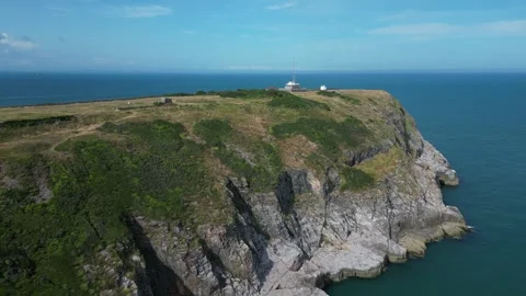 Berry Head, South Devon, England: DRONE VIEWS: Berry Head &amp; Limestone Cliffs Stock Footage 244386559