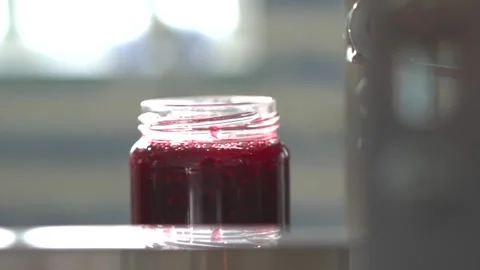 Berry jam production plant. Conveyor line. close-up Stock Footage 249890853