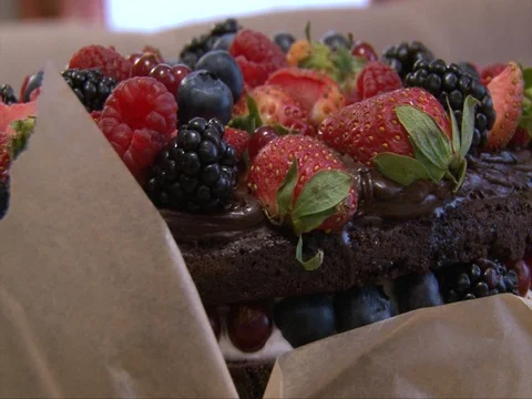 Berry layer cake closeup: strawberry, blackberry, raspberries on top Stock-Footage 72792646