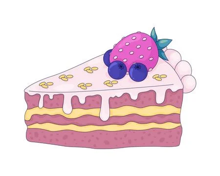 Berry layer cake slice with strawberry and blueberries 2D cartoon clip art Stockillustratie