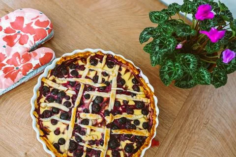 Berry open pie in baking pan Fotos de archivo