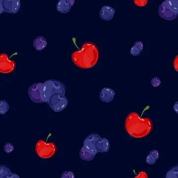 Berry pattern of blueberries and cherries on dark blue background. Vector Illustrazione stock
