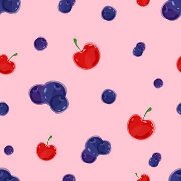 Berry pattern of blueberries and cherries on pink background. Vector Stock Illustration