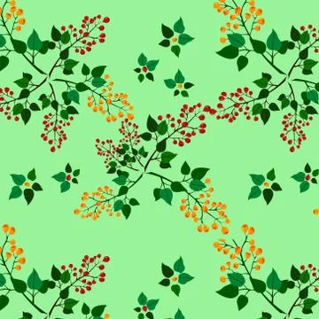 Berry pattern. Cranberries and sea buckthorn on a green background.. Stock Illustration