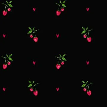 Berry pattern creates a seamless summer vibe with hearts on a dark background Stock Illustration