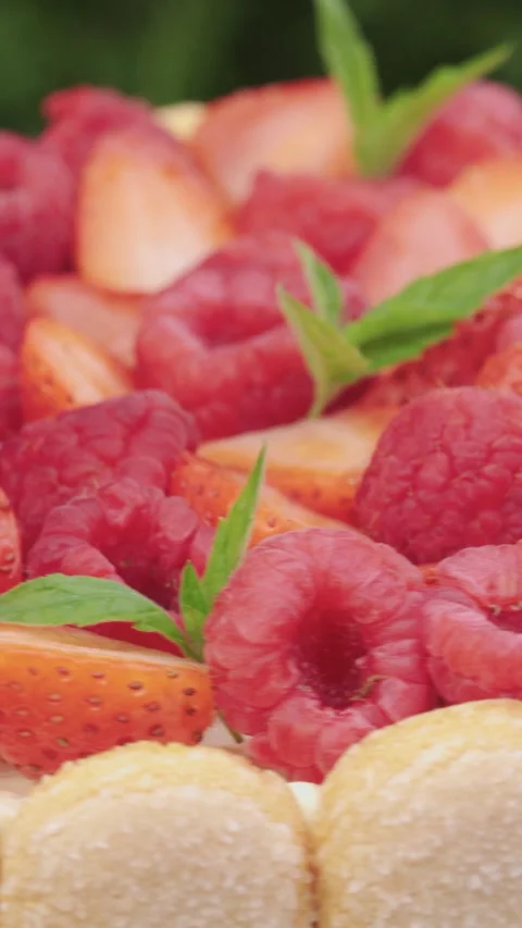 Berry raspberry and strawberry pie with mint. Savoiardi cookies. Rotation. Close Stock Footage 241566366