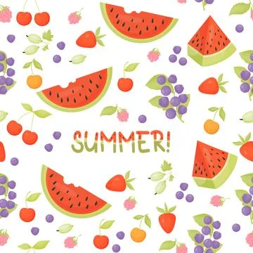 Berry summer seamless pattern. Forest blueberries, raspberries, strawberries Illustrazione stock