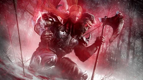 Berserker on knees pulls an arrow out of his leg, his rage is fueled by a ghost  Stock Footage 208936951