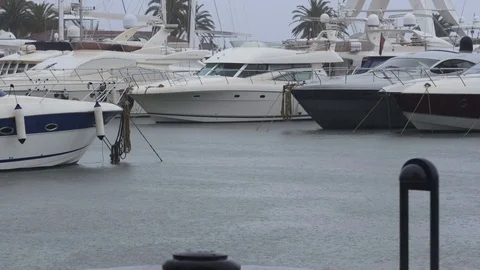 Berth for yachts in the rain Stock Footage 84837178