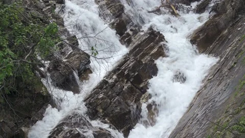 Bertha Falls cascading over angular rocks, Alberta, Canada, Static Stock Footage 136816004