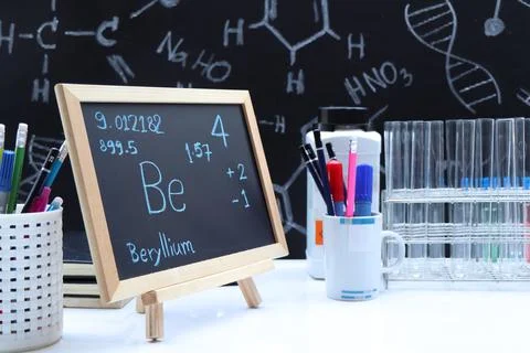 Beryllium and symbol structural formula chemical on the blackboard Stock Photos