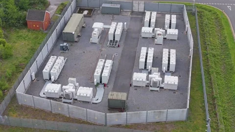 BESS Battery Energy Storage System installation made of lithium-ion from Aerial Stockbeeldmateriaal 335994538