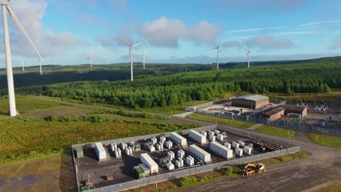 BESS Battery Energy System Storage Facility at Wind Energy Farm Infrastructure Stock Footage 337511003