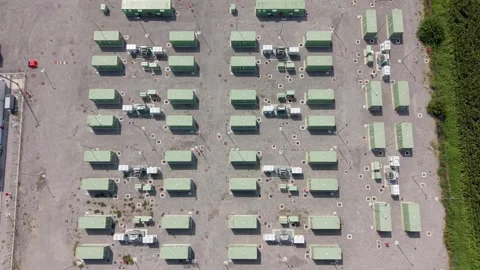 BESS Battery Storage Facility Supporting Renewable Energy in Italy Aerial View 스톡 동영상 344956967