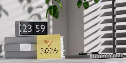 Best of 2025 desk setup with clock and books, 3D render. Illustrazione stock