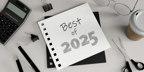 Best of 2025 grayscale notebook with coffee and scissors, 3D render Stock Illustration