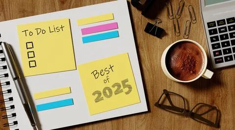 Best of 2025 planner with to-do list and coffee, 3D render. 스톡 일러스트