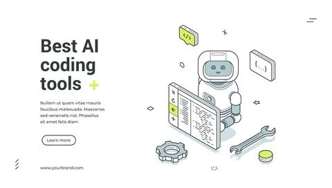 Best AI coding tools isometric banner template. Vector illustration for a lan Stock Illustration