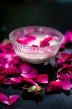 Best and affordable home face mask i.e. milk or milk cream with rose petals i Stock Photos