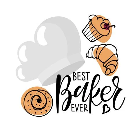 Best Baker ever text with flat cooks cap with various pastries logo, cooking Illustrazione stock