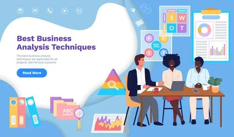 Best business analysis techniques website template. People work with statistics Stock Illustration