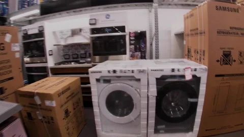 Best Buy electronics retail store interior pov walking appliance area clutter Stock Footage 227366537