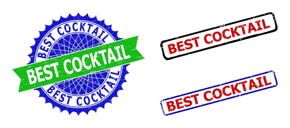 BEST COCKTAIL Rosette and Rectangle Bicolor Stamps with Unclean Surfaces Stock Illustration