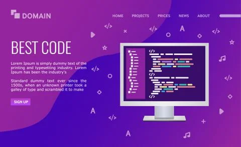 Best code. Landing page design. Personal computer with program code. Stock Illustration