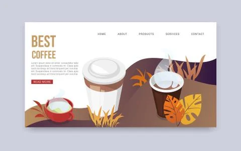 Best coffee web vector banner. Landing page of best start of the day. Cups and Illustrazione stock