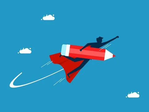 Best developer. man hero holds a pencil and flies in the sky Stock Illustration