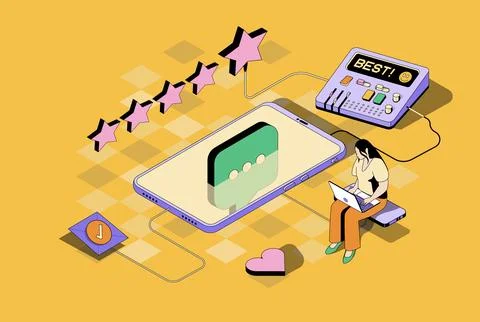 Best feedback concept in 3d isometric design. Woman customer leaving review.. Stock Illustration