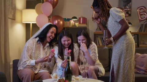 Best Friends Checking Social Network during Hen Party Stock Footage 312275597