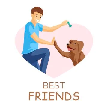 Best friends flat vector illustration. Guy and puppy playing together in heart Stock Illustration