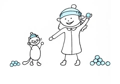 Best friends girl and gray cat playing snowballs Stock Illustration