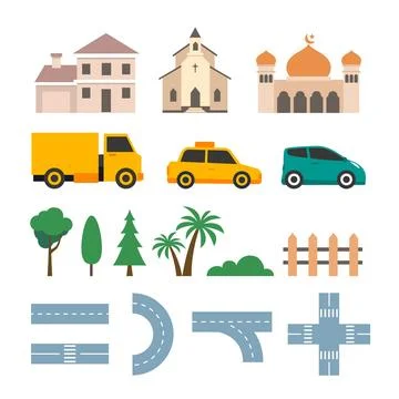 Best Map Collection Set Roads, Sign Bords, Buildings, Car Illustration Stock Illustration
