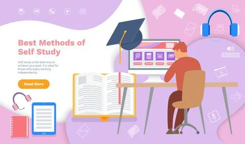 Best methods of self study concept. Man using program for distance learning Stock Illustration