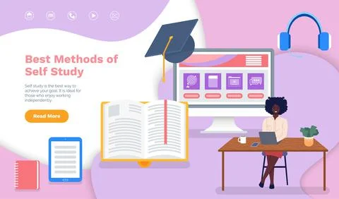 Best methods of self study, online education website. African woman studies via Illustrazione stock