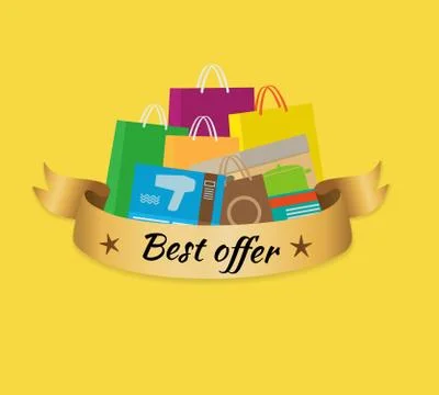 Best Offer Banner with Isolated Stack of Purchases Stock Illustration