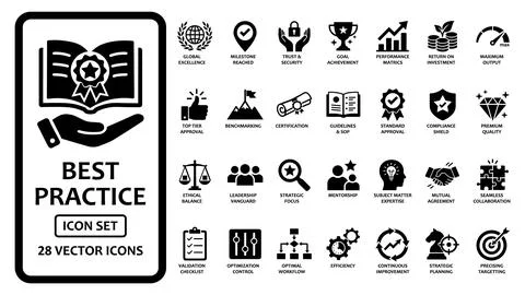 Best Practice solid icon set. Symbols for excellence, ROI, compliance, and .. Stock Illustration