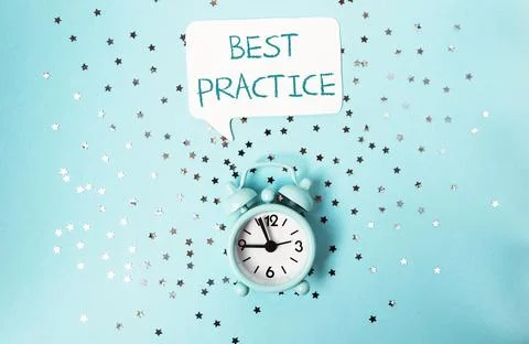 Best practice text on blue background with golden confetti Golden Foto stock
