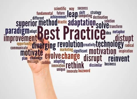 Best Practice word cloud and hand with marker concept Foto stock