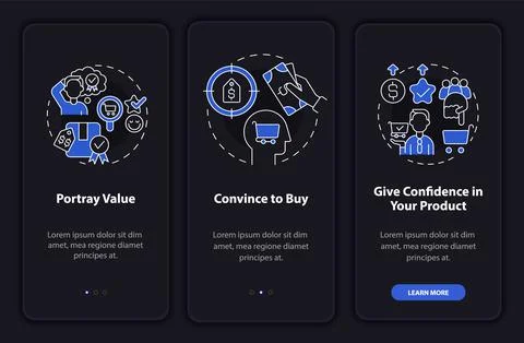 Best pricing strategy components night mode onboarding mobile app screen Stockillustratie